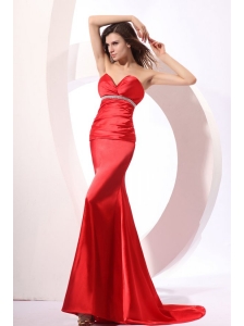 Latest Column V-neck Red Beading Prom Dress for 2014 Spring