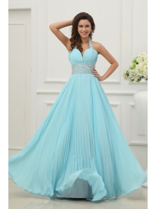 Light Blue Halter Top Neck Beading and Pleats Long Prom Dres