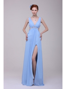 Light Blue V-neck Beading and High Silt Prom Dress in Chiffon