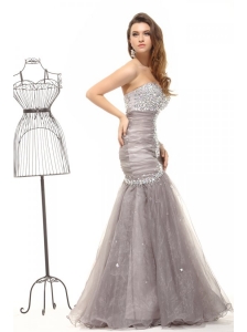 Mermaid Grey Sweetheart Beading and Ruching Organza Long Prom Dress
