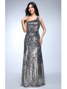 Sheath Silver One Shoulder Sequins Beading Floor-length Prom Dress