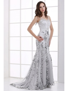 Silver Column Straps Beading and Appliques Prom Dress for Spring