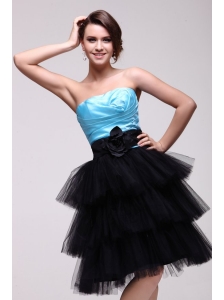Aqua Blue and Black Short Prom Dress with Flowers and Layers
