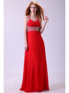 2014 Empire Halter Beading Red Chiffon Floor-length Prom Dress