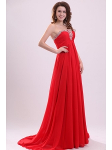 Chiffon Romantic Empire Red Strapless Brush Train Beading 2014 Prom Dress