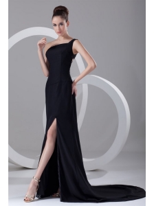 Column One Shoulder Black Ruching Prom Dress with Brush Train