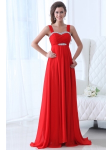 Elegant Empire Straps Beading Chiffon Red 2014 Prom Dress