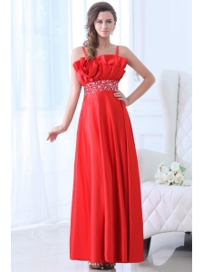 Taffeta Red Empire One Shoulder Ankle-length Beading Prom Dress