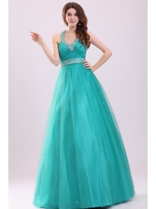 Turquoise Hatter Top Beading and Ruching Prom Dress