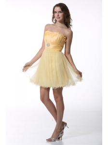 A-line Light Yellow Strapless Prom Dress with Ruching Mini-length