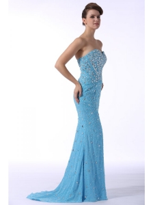 Aqua Blue Mermaid Sweetheart Brush Train Prom Dress with Beading