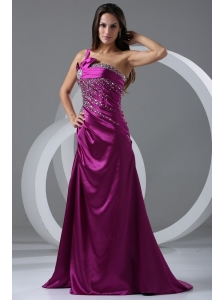 Brush Train Purple A-line One Shoulder Prom Dress with Beading