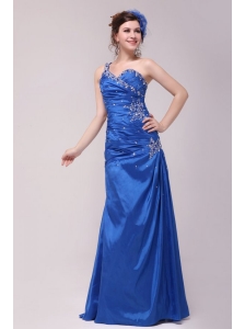 Cheap Column One Shoulder Blue Floor-length Beading Prom Dress
