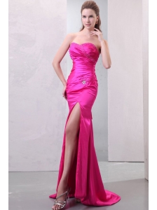 Column Hot Pink High Slit Sweetheart Beading and Ruching Prom Dress