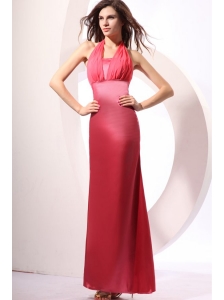 Coral Red Prom Dress with Halter Top Ankle-length Satin