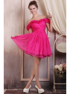 Hot Pink Short Mini-length Prom Dress with Off The Shoulder Flowers