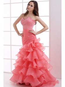 Mermaid Watermelon Red Sweetheart Beading Ruffled Layers Ruching Prom Dress