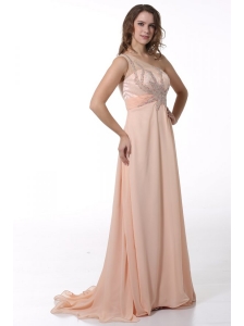 Peach Empire One Shoulder Brush Train Prom Dress with Beading