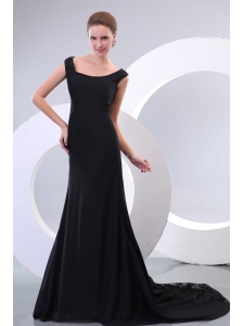 Scoop Black Chiffon and Lace Court Train Prom Dress for Evening Party