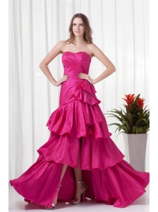 A-line Sweetheart Fuchsia High Low Ruching Bowknot Taffeta Prom Dress