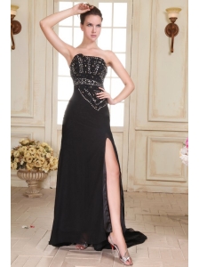 Black Strapless Beading and High Silt Empire Sweep Train Prom Dress