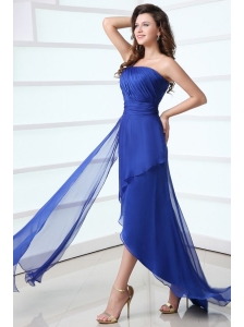 Blue Column One Shoulder Ruching High-low Chiffon Prom Dress