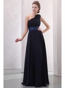 Navy Blue Empire One Shoulder Prom Dress with Beading and Flower