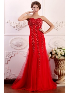 Red Column Sweetheart Brush Train Prom Dress with Beading