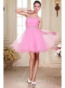 Rose Pink Halter Top Neck Mini-length Beading Prom Dress with Organza