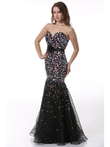 Sequined Black Mermaid Sweetheart Prom Dress with Flower