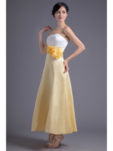 A-line Light Yellow Strapless Hand Made Flowers Ankle-length Prom Dress