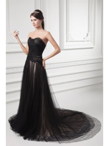 Formal Empire Sweetheart Court Train Black Tulle Ruching  Prom Dress