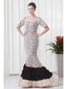 Mermaid Square White Lace Floor-length Prom Dress with Short Sleeves