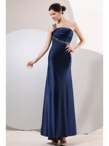 Navy Blue Column One Shoulder Ankle-length Elastic Woven Satin Beading Prom Dress