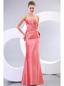 Watermelon Column Strapless Floor-length Taffeta Ruching Prom Dress with Lace Up