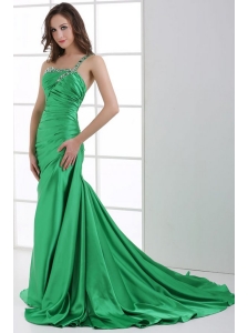 A-line Green One Shoulder Beading and Ruche Sweep Train Prom Dress