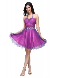 A-line Halter Top Beading and Ruching Knee-length Purple Prom Dress