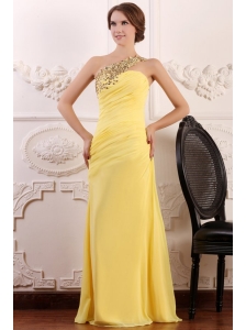 Beaded Decorate One Shoulder Yellow Chiffon Column Prom Dress