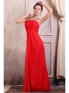 Beaded Decorate Straps Chiffon Long Red Prom Dress with Ruche