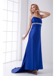 Column Blue Asymmetrical Brush Train Elastic Woven Satin Beading Prom Dress with Backless