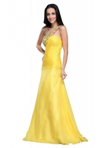 Column One Shoulder Light Yellow Beading Ruching Chiffon Prom Dress
