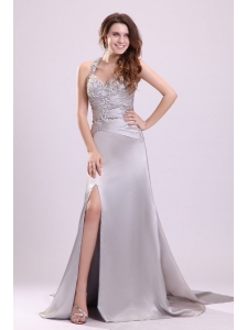 Column Straps Beading Ruching Satin High Slit Gray Prom Dress