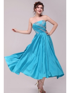 Elegant Aqua Blue A-Line Strapless Taffeta Beading Ankle-length Prom Dress