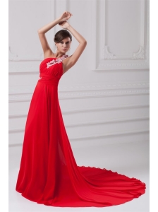 Elegant Empire One Shoulder Appliques Court Train Chiffon Red Prom Dresses