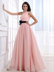 Empire One Shoulder Floor-length Pink Ruching Prom Dress with Side Zipper