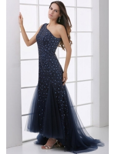 Mermaid One Shoulder Navy Blue Beading Tulle  Prom Dress