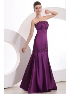 Mermaid Strapless Purple Floor-length Satin Prom Dress with Appliques