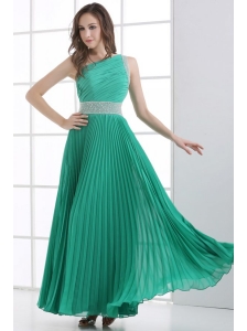 One Shoulder Green Empire Ankle-length Beading and Pleats Prom Dress