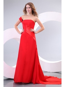 One Shoulder Red Ruche Watteau Train Prom Dress for Evening Party