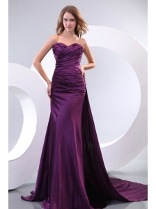 Popular Column Sweetheart Watteau Train Purple Side Zipper Prom Dress with Ruching